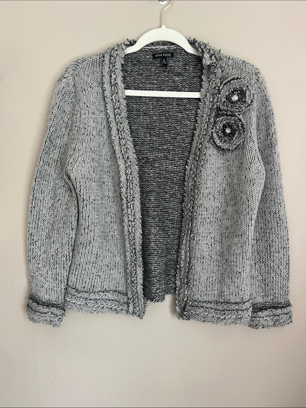 Anne Klein 100% Cashmere Rosette Accent Open Knit Cardigan Sweater Grey small